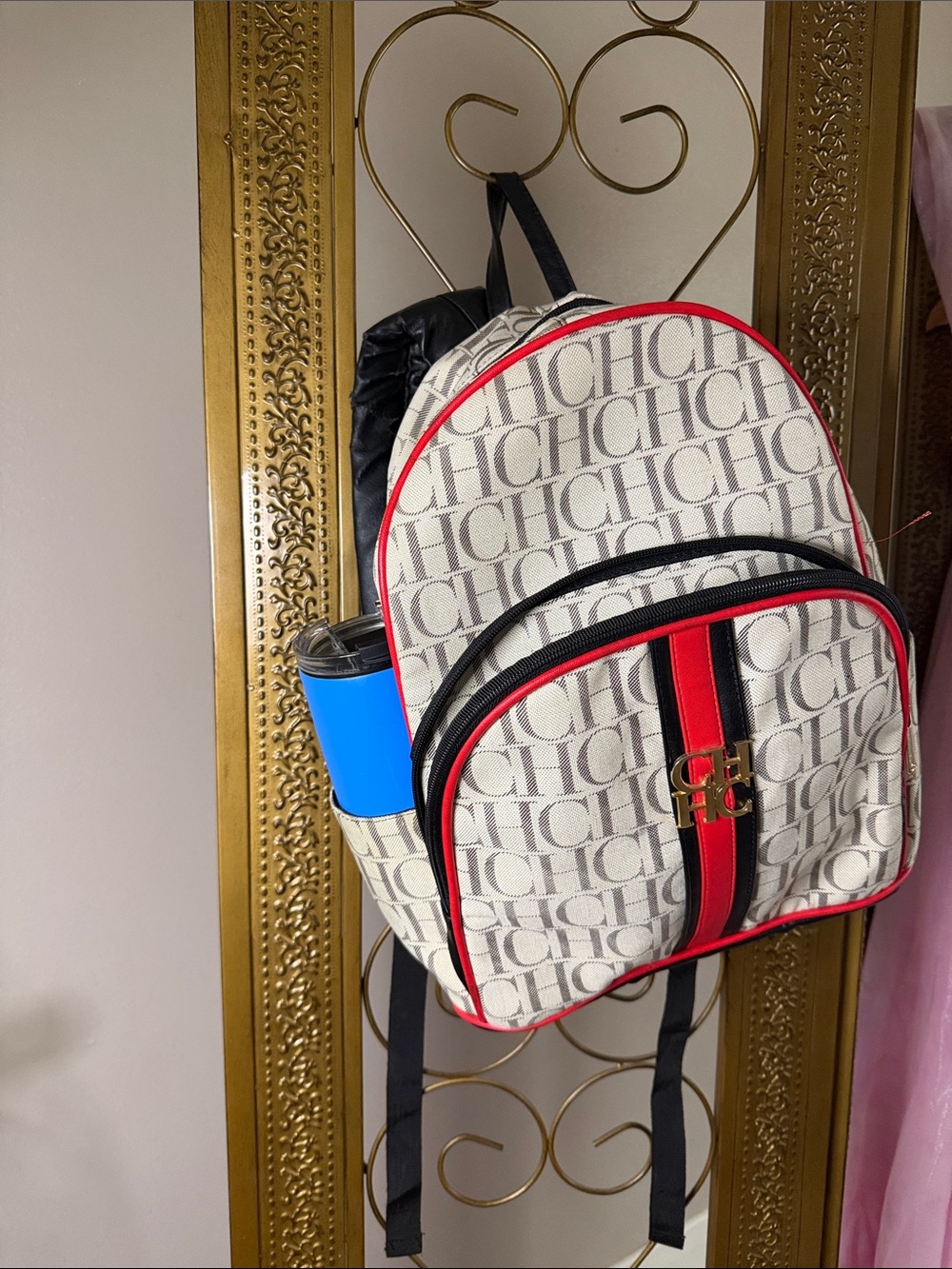Carolina Herrera Cream Logo Backpack with Red & Black Trim